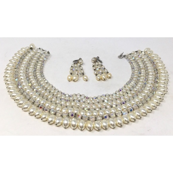 Vendome Faux Pearl Bib & AB Crystal Beads Vintage Runway Statement Necklace Set - Picture 4 of 6
